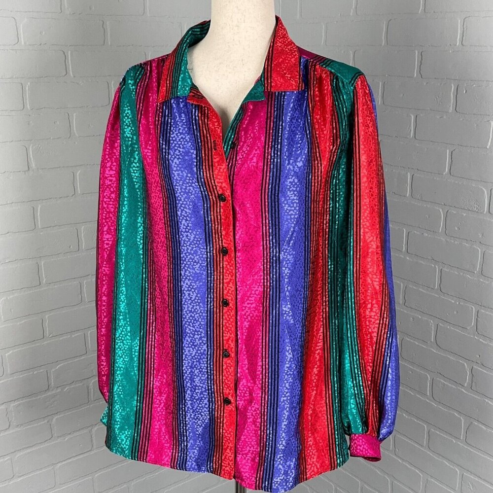 Gianna Woman Blouse XLarge Red Purple Pink Stripe Embossed Shimmer VTG 90s‎